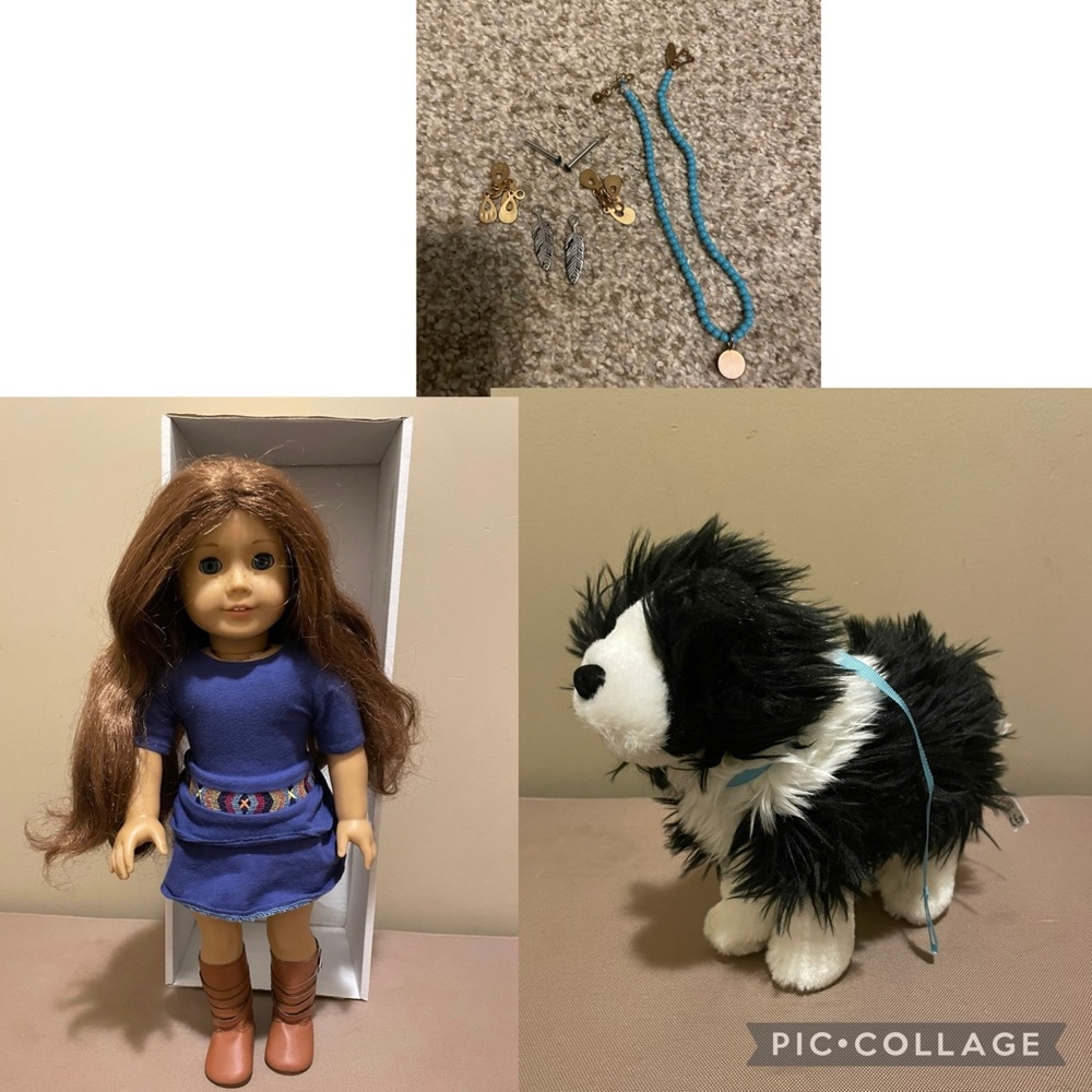 American Girl Saige Doll, Dog Rembrandt Border Collie and jewelry
